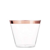 100 Rose Gold Plastic Cups - 9 Oz Disposable Gold Rimmed Plastic Tumblers For Party Holiday Wedding and Occasions - Fancy Party Cups with Gold Rim by Party-Ca
