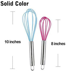 TEEVEA 8 and 10 Inch Silicone Whisk, 2-Pack Balloon Egg Dough Whisk Set Solid Color (Random Color Sent)
