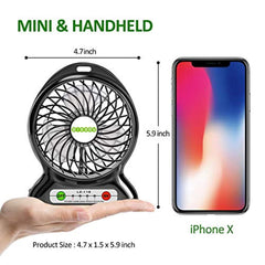 YOULANDA Battery Operated Fan, Personal Handheld USB Fan, Portable, Rechargeable, 3 Speeds, 2600 mAh Battery, Small Desk Fan with Internal and Side Light, Cooling for Travel,Camping, Boating,Fishing