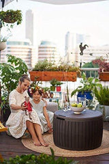 Keter 230897 Circa Natural Wood Style Round Outdoor Storage Table D, 37 Gallons, 26.7 in. Diameter x 16.5 in Height.