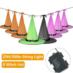 Opard Halloween Decorations Outdoor 8Pcs Hanging Glowing Lighted Witch Hat Decorations String Lights Battery Operated Halloween Décor for Outdoor Yard Tree