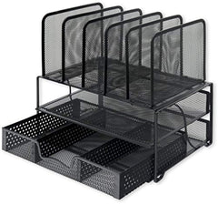 SimpleHouseware Mesh Desk Organizer with Sliding Drawer, Double Tray and 5 Upright Sections, Black