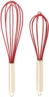 TEEVEA Set of 2 Whisks, 10” and 12” Beaters, Stainless Steel and Silicone – Gold and Red