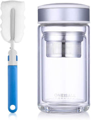 ONEISALL Double Wall Glass Travel Tea Mug with Stainless Steel Filter, Ultra Clear Spill-proof Strong Glass Tea Tumbler, 320ML (Champagne)
