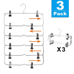 6-Tier Skirt Hangers,Space Saving Pants Hangers Sturdy Multi-Purpose Stainless Steel Pants Jeans Slack Skirt Hangers with Clips Non-Slip Closet Storage Organizer(3pack