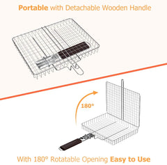 ORDORA Portable Fish Grill Basket, BBQ Grilling Basket for Outdoor Grill, Rustproof 304 Stainless Steel Grill Accessories, Heavy Duty Shrimp Grill Baskets, BBQ Tool for Steak, Potatoes, Chops, Kabob