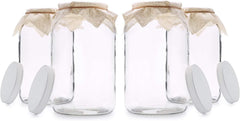 4 Pack - 1 Gallon Glass Jar w/Plastic Airtight Lid, Muslin Cloth, Rubber Band - Wide Mouth Easy Clean - BPA Free & Dishwasher Safe - Kombucha, Kefir, Canning, Sun Tea, Fermentation, Food Storage