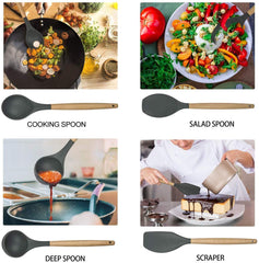 POENSCAE Kitchen Utensils,Silicone Cooking Utensils Set,11-Piece with wood Handles for Non-Stick and Heat Resistant Cookware Set FDA Approved and BPA Free-Great Holiday Gift