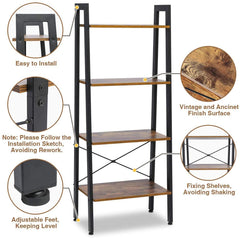 KingSo Industrial Ladder Shelf 4-Tier Shelves Vintage Rustic Storage Rack Shelves, Wood Look Accent Furniture, Metal Frame for Living Room Study Lounge Bedroom Office
