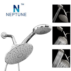 Neptune Luxury 3-Way 2-In-1 High Pressure Showerhead with Handheld Combo 9-Inch Large Adjustable Rainfall Shower Head and Multi-Setting 4.7-Inch Handheld Spray Use 2 Showerheads Separately or Together