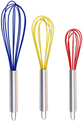 TEEVEA Silicone Whisk, Balloon Whisk Set, Wire Whisk, Egg Frother, Milk and Egg Beater Blender - Kitchen Utensils for Blending, Whisking, Beating, Stirring, Set of 3, Red,Yellow, Blue