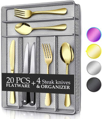 24 Piece Silverware Teivio Set, Flatware Utensils Set Mirror Polished, Dishwasher Safe Service for 4, Include Knife/Fork/Spoon/Steak Knife/Wire Mesh Steel Cutlery Holder Storage Trays (Silver)