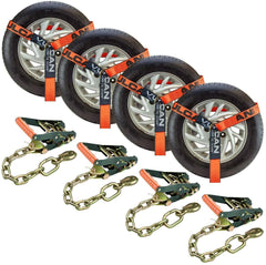 VULCAN ProSeries Orange 2 Inch x 96 Inch Lasso Auto Tie Down with Chain Anchors - 3300 lbs. Safe Working Load, 4 Pack - Easily Trailer Any Car, Truck, SUV, Jeep, Or Sportscar