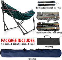 Tranquillo Universal Hammock Comfort Set - Adjustable Foldable Hammock with Stand, Polyester Hammock Net & Extra Net, Tree Straps, Travel Carry Bags, Double Hammock 2 Persons, Support 550lbs, Peacock
