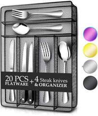 24 Piece Silverware Teivio Set, Flatware Utensils Set Mirror Polished, Dishwasher Safe Service for 4, Include Knife/Fork/Spoon/Steak Knife/Wire Mesh Steel Cutlery Holder Storage Trays (Silver)