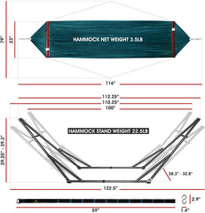 Tranquillo Universal Hammock Comfort Set - Adjustable Foldable Hammock with Stand, Polyester Hammock Net & Extra Net, Tree Straps, Travel Carry Bags, Double Hammock 2 Persons, Support 550lbs, Peacock