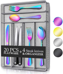 24 Piece Silverware Teivio Set, Flatware Utensils Set Mirror Polished, Dishwasher Safe Service for 4, Include Knife/Fork/Spoon/Steak Knife/Wire Mesh Steel Cutlery Holder Storage Trays (Silver)