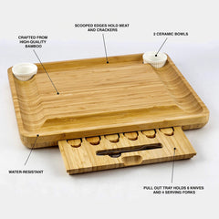 Home Perspective Extra Large Bamboo Cheese Board and Knife Set - Charcuterie Platter Tray Holds 6 Knives, 4 Forks and 2 Ceramic Cups with New Magnetic tray