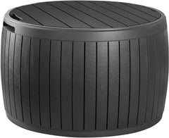 Keter 230897 Circa Natural Wood Style Round Outdoor Storage Table D, 37 Gallons, 26.7 in. Diameter x 16.5 in Height.