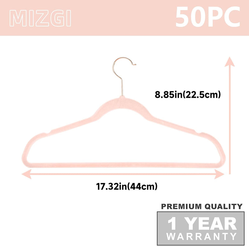 MIZGI Premium Velvet Hangers (50 Pack) Heavyduty - Non Slip Felt Hangers - Velvet Suit Hangers Blush Pink/Rose - Chrome Hooks,Space Saving Clothes Hangers