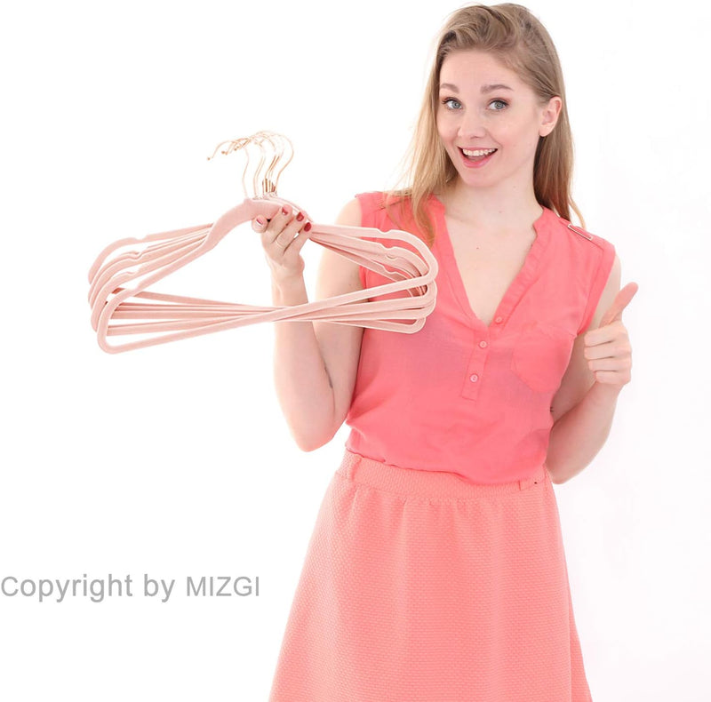 MIZGI Velvet Hangers (50 Pack) Heavy Duty - Non Slip Felt Hangers - Blush Pink - Rose Gold 360 Degree Swivel Hooks,Space Saving Clothes Hangers,Durable Strong Hangers for Suits,Coats,Dress