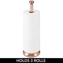 Load image into Gallery viewer, mDesign Decorative Metal Free-Standing Toilet Paper Holder Stand with Storage for 3 Rolls of Toilet Tissue - for Bathroom/Powder Room - Holds Mega Rolls - Satin
