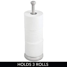 Load image into Gallery viewer, mDesign Decorative Metal Free-Standing Toilet Paper Holder Stand with Storage for 3 Rolls of Toilet Tissue - for Bathroom/Powder Room - Holds Mega Rolls - Satin
