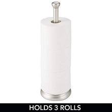 Load image into Gallery viewer, mDesign Decorative Metal Free-Standing Toilet Paper Holder Stand with Storage for 3 Rolls of Toilet Tissue - for Bathroom/Powder Room - Holds Mega Rolls - Satin
