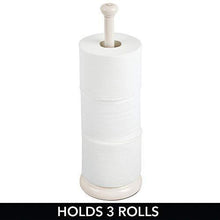 Load image into Gallery viewer, mDesign Decorative Metal Free-Standing Toilet Paper Holder Stand with Storage for 3 Rolls of Toilet Tissue - for Bathroom/Powder Room - Holds Mega Rolls - Satin
