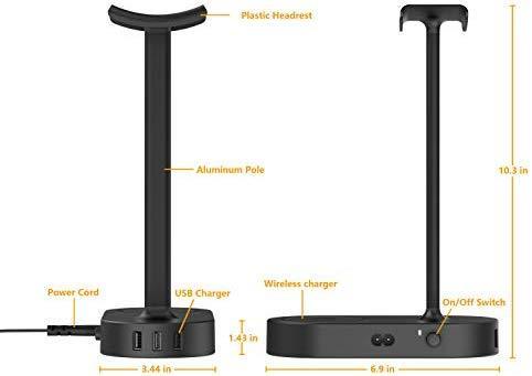 Headphone Stand with USB Charger COZOO Desktop Gaming Headset Holder Hanger with 3 USB Charger and 2 Outlets - Suitable for Gaming, DJ, Wireless Earphone Display (Black)