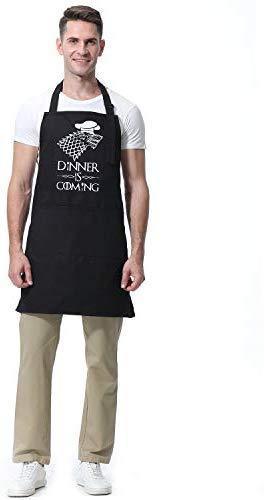 Dinner is Coming - Funny GoT House Stark Inspired Birthday Merchandise Gifts for Men, Women, Dad, Mom - Miracu Adjustable Kitchen Aprons Chef Bib for Cooking Baking Grilling BBQ - 3 Pockets, Black by Miracu