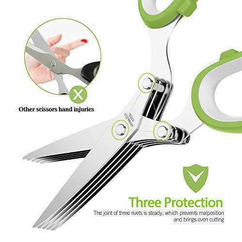 Herb Scissors Set with 5 Multi Stainless Steel Blades, Safe Cover and Cleaning Comb, Multipurpose Kitchen Chopping Shear, Mincer, Sharp Dishwasher Safe Kitchen Gadget, Culinary Cutter Chopper, Green