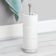 Load image into Gallery viewer, mDesign Decorative Metal Free-Standing Toilet Paper Holder Stand with Storage for 3 Rolls of Toilet Tissue - for Bathroom/Powder Room - Holds Mega Rolls - Satin
