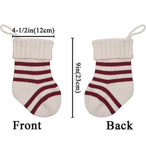 LimBridge Christmas Mini Stockings, 6 Pack 9 inches Knitted Knit Stripe Rustic Holiday Decorations, Goodie Bags for Family and Friends, Burgundy and Cream