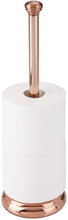 Load image into Gallery viewer, mDesign Decorative Metal Free-Standing Toilet Paper Holder Stand with Storage for 3 Rolls of Toilet Tissue - for Bathroom/Powder Room - Holds Mega Rolls - Satin
