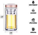 ONEISALL Double Wall Glass Travel Tea Mug with Stainless Steel Filter, Ultra Clear Spill-proof Strong Glass Tea Tumbler, 320ML (Champagne)