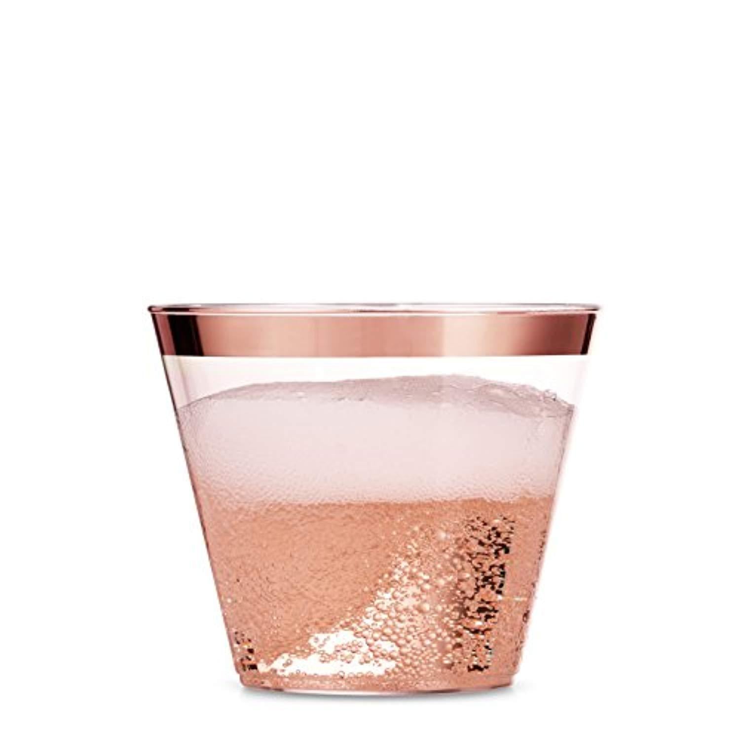 100 Rose Gold Plastic Cups - 9 Oz Disposable Gold Rimmed Plastic Tumblers For Party Holiday Wedding and Occasions - Fancy Party Cups with Gold Rim by Party-Ca