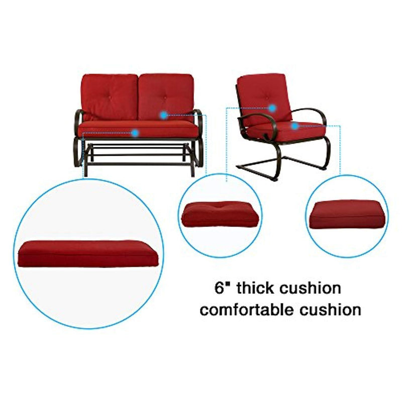 Cloud Mountain 4 Piece Metal Conversation Set Cushioned Outdoor Furniture Garden Patio Wrought Iron Conversation Set Coffee Table Loveseat Sofa 2 Chairs, Brick Red