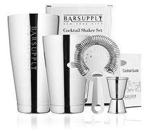 Load image into Gallery viewer, Professional Boston Cocktail Shaker Set, Stainless Steel, 4-Piece Set, 28oz/18oz Weighted Shaker Tins, Hawthorne Strainer, Double Sided Jigger, Recipe Booklet - Non Freeze, Non Drip, Dishwasher Safe
