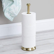 Load image into Gallery viewer, mDesign Decorative Metal Free-Standing Toilet Paper Holder Stand with Storage for 3 Rolls of Toilet Tissue - for Bathroom/Powder Room - Holds Mega Rolls - Satin
