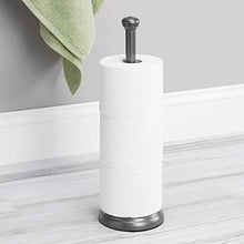 Load image into Gallery viewer, mDesign Decorative Metal Free-Standing Toilet Paper Holder Stand with Storage for 3 Rolls of Toilet Tissue - for Bathroom/Powder Room - Holds Mega Rolls - Satin

