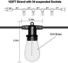 Load image into Gallery viewer, Banord 102FT Dimmable LED Outdoor String Lights, 34 Hanging Sockets with 35 x Shatterproof LED Bulb Party Lights, Waterproof Vintage Ambiance Patio Lights String for Wedding,Gatherings
