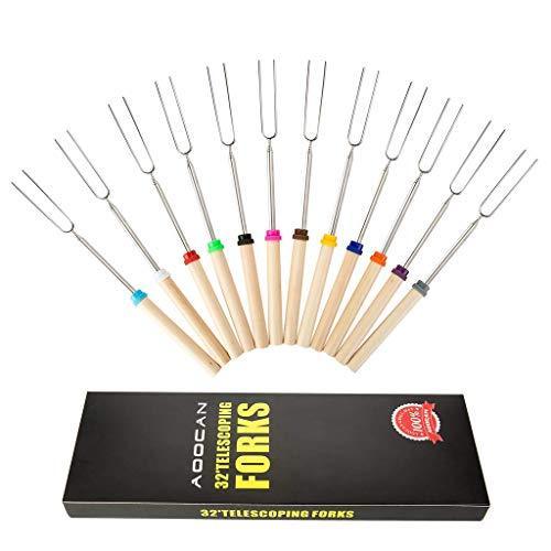 Aoocan marshmallow roasting sticks, smores skewers telescoping forks Multicolored 32 inch, Set of 12 smores sticks for fire pit & hot dog forks - Camping, Campfire, Bonfire Kids kit- free portable bag
