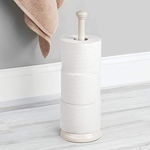 mDesign Decorative Metal Free-Standing Toilet Paper Holder Stand with Storage for 3 Rolls of Toilet Tissue - for Bathroom/Powder Room - Holds Mega Rolls - Satin