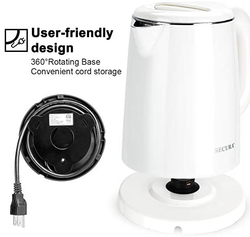 Secura Stainless Steel Double Wall Electric Kettle Water Heater for Tea Coffee w/Auto Shut-Off and Boil-Dry Protection, 1.0L (Black)