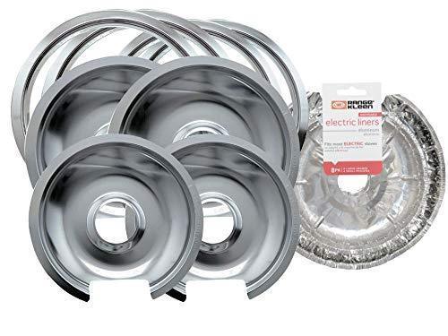 Range Kleen Style D Heavy Duty Chrome 4-Pack Drip Pans with Trim Rings AND 8 Foil Burner Liners…