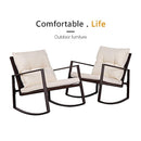 SUNCROWN Patio Rocking Chair Set, 3 Piece Brown Wicker Bistro Set Beige-White Cushion & Glass Coffee Table