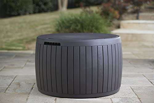 Keter Circa 37 Gallon Round Deck Box, Patio Table for Outdoor Cushion Storage, Brown