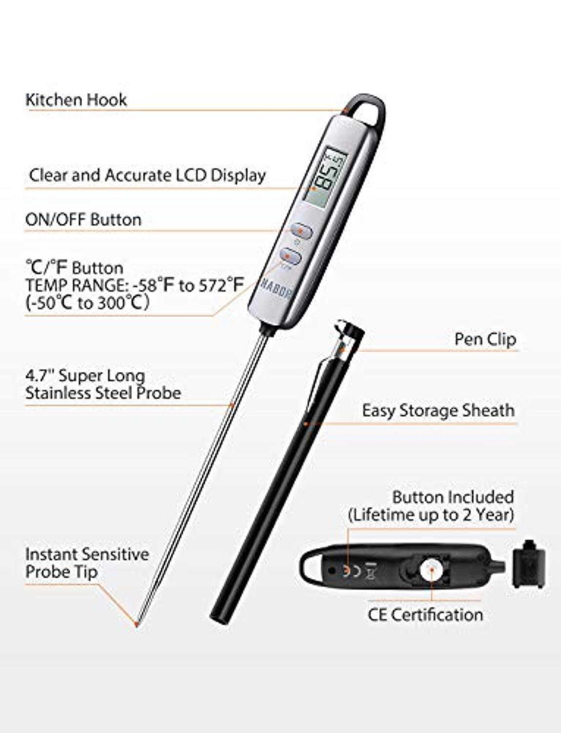Habor 022 Meat Thermometer, FDA Approval 4.7 Inches Long Probe Thermometer Digital Cooking Thermometer with Instant Read Sensor for Kitchen BBQ Grill Smoker Meat Oil Milk Yogurt Temperature