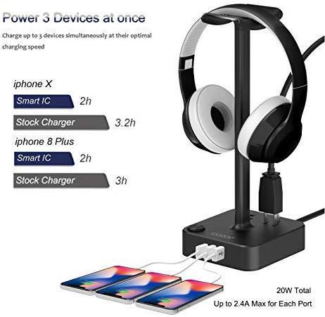 Headphone Stand with USB Charger COZOO Desktop Gaming Headset Holder Hanger with 3 USB Charger and 2 Outlets - Suitable for Gaming, DJ, Wireless Earphone Display (Black)